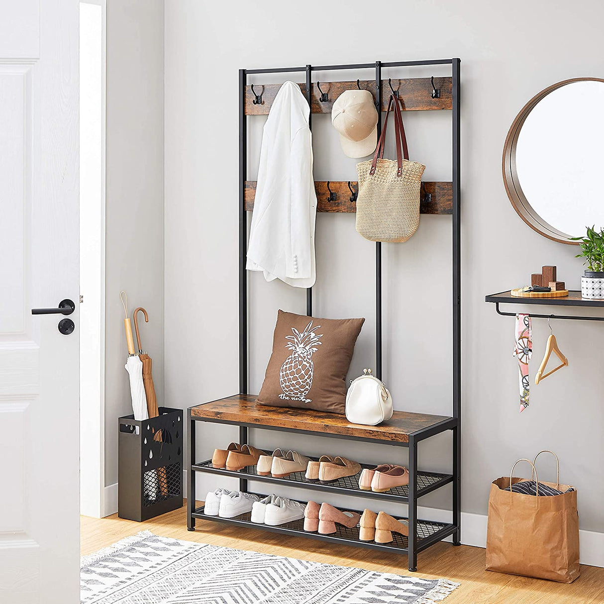 Rustic Brown and Black Coat Rack with 12 Hooks and Shoe Bench Stand