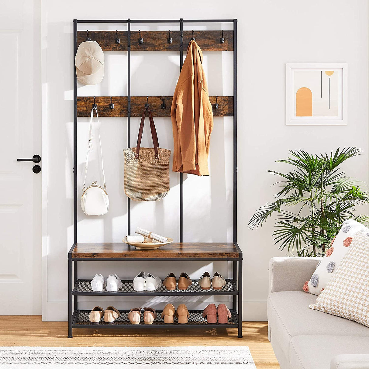 Rustic Brown and Black Coat Rack with 12 Hooks and Shoe Bench Stand