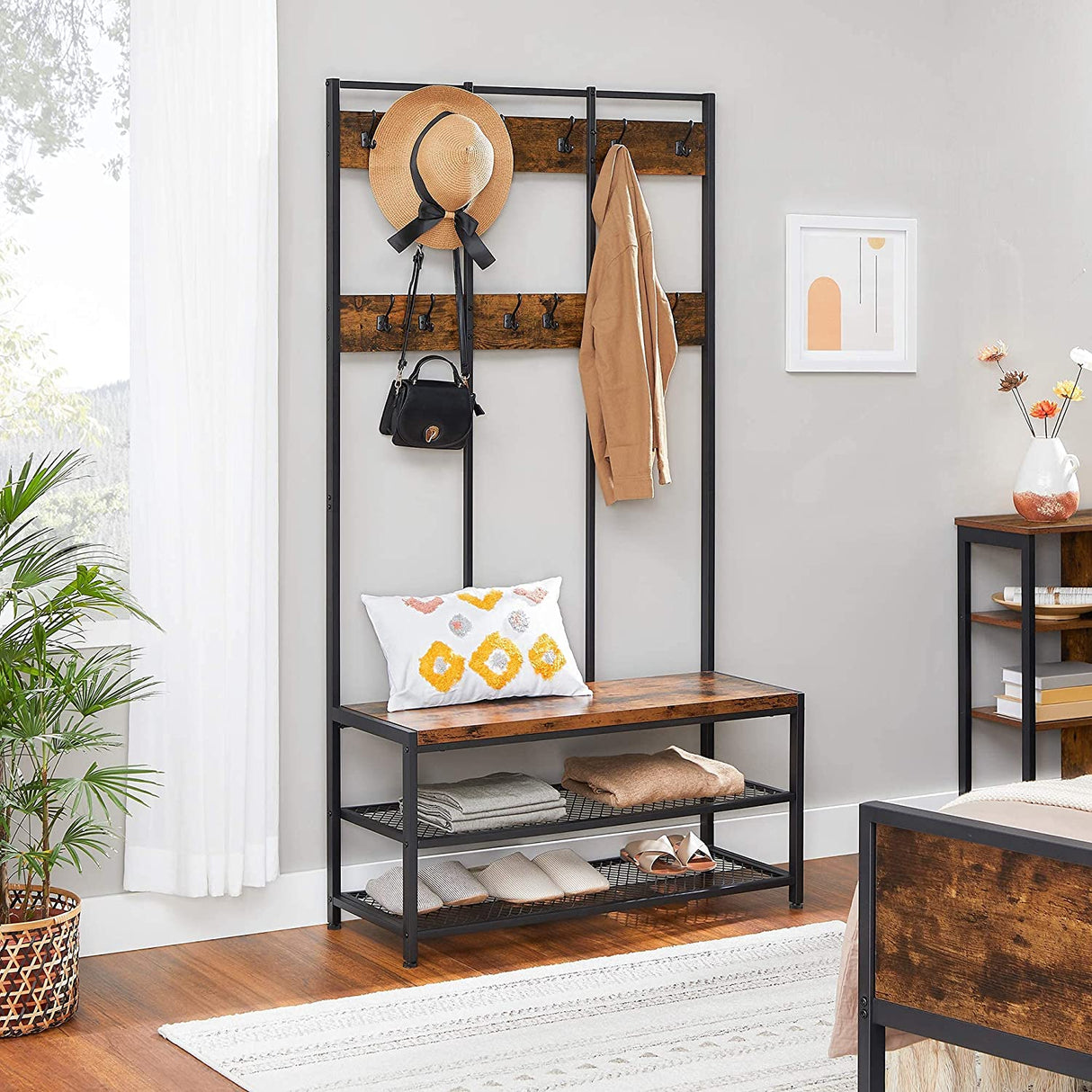 Rustic Brown and Black Coat Rack with 12 Hooks and Shoe Bench Stand