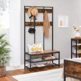 Rustic Brown and Black Coat Rack with 12 Hooks and Shoe Bench Stand