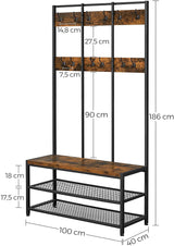 Rustic Brown and Black Coat Rack with 12 Hooks and Shoe Bench Stand - Rear View