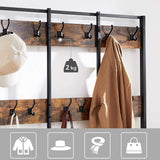 Rustic Brown and Black Coat Rack with 12 Hooks and Shoe Bench Stand - Low Angle