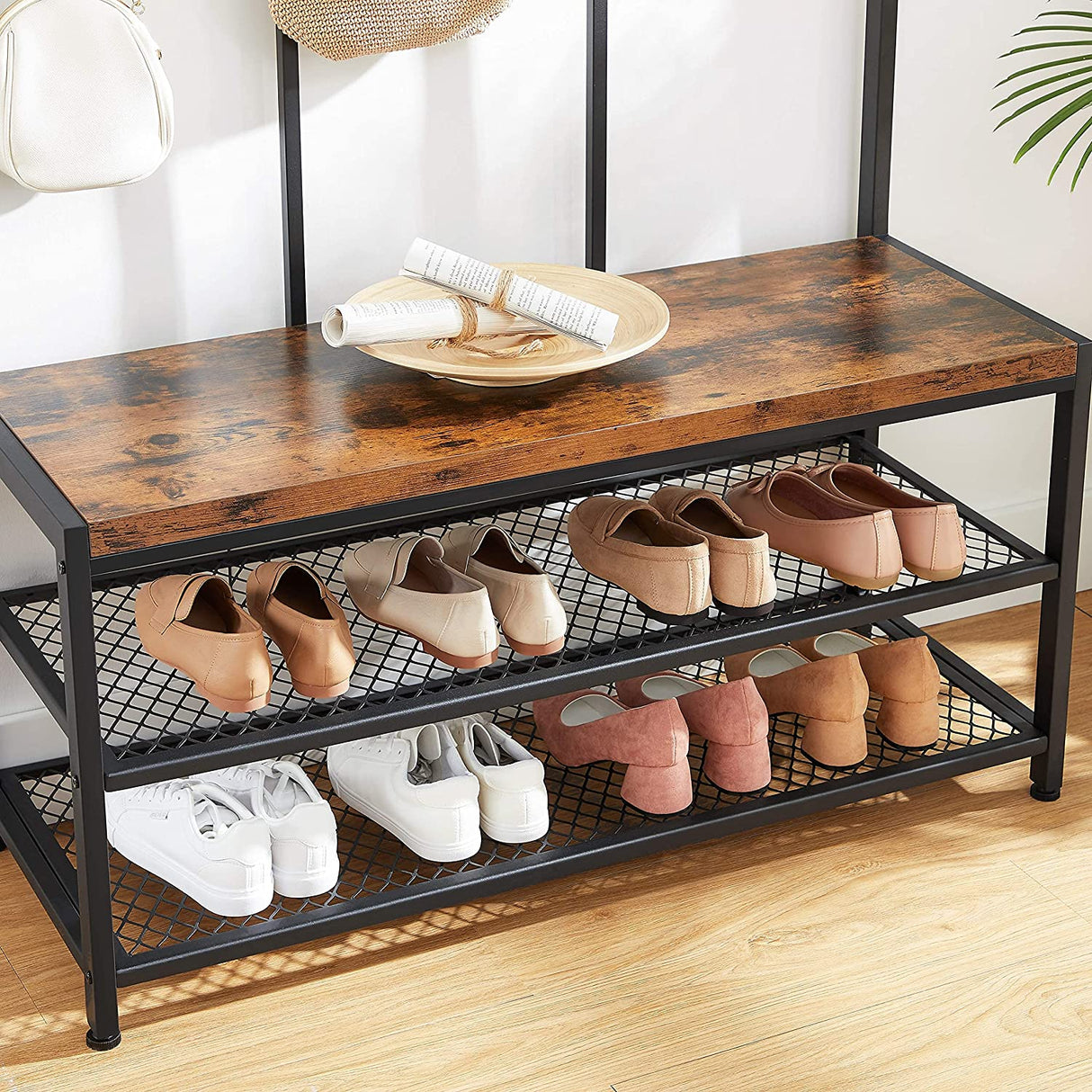 Rustic Brown and Black Coat Rack with 12 Hooks and Shoe Bench Stand