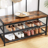Rustic Brown and Black Coat Rack with 12 Hooks and Shoe Bench Stand - Extra Image