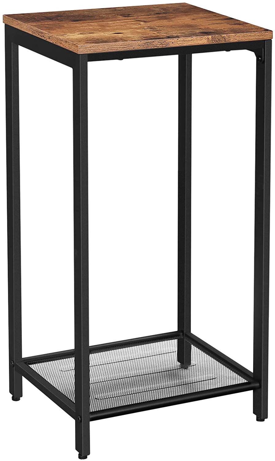 Narrow Rustic Brown Accent Table with Iron Mesh Shelf