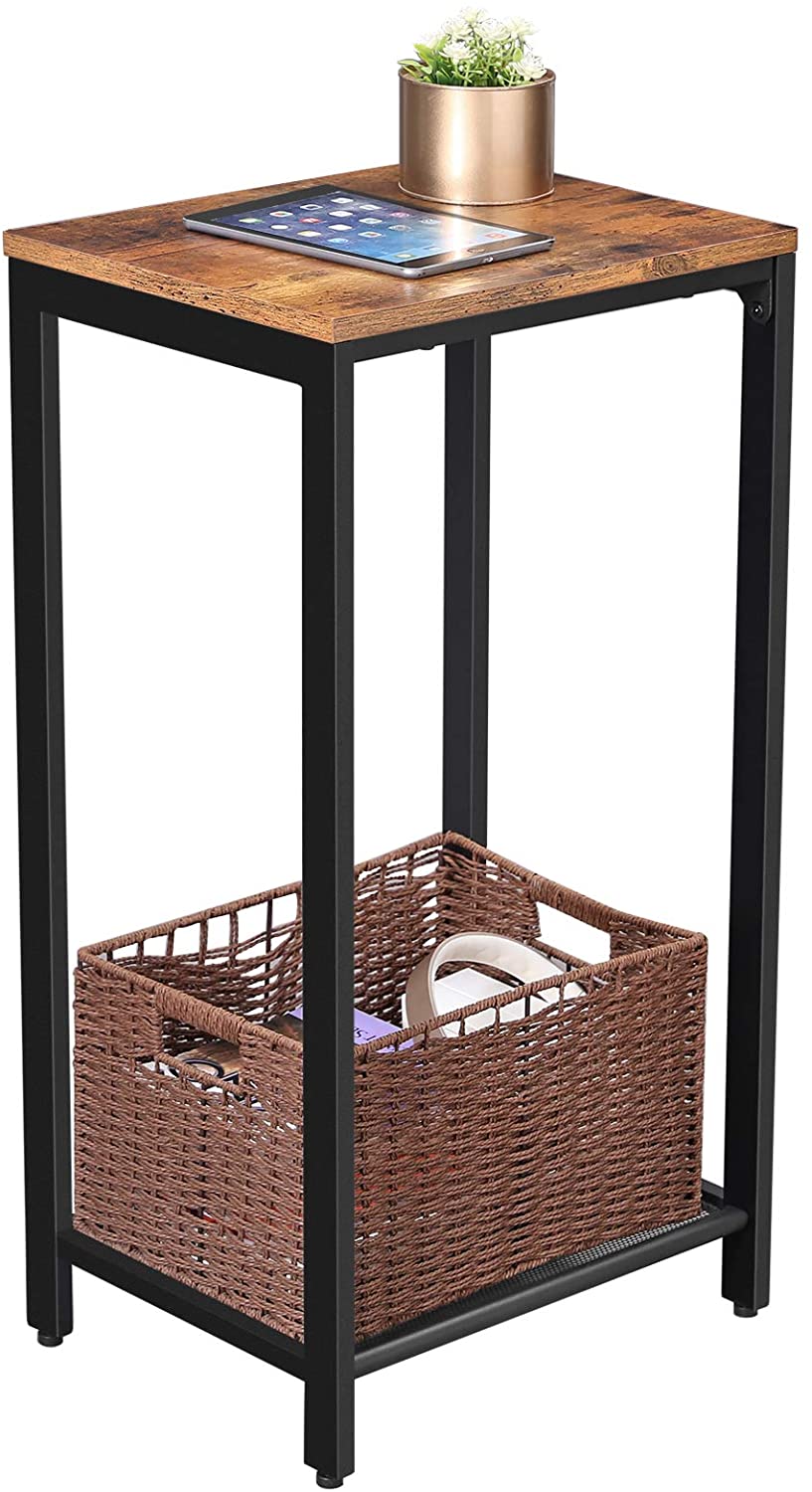Narrow Rustic Brown Accent Table with Iron Mesh Shelf