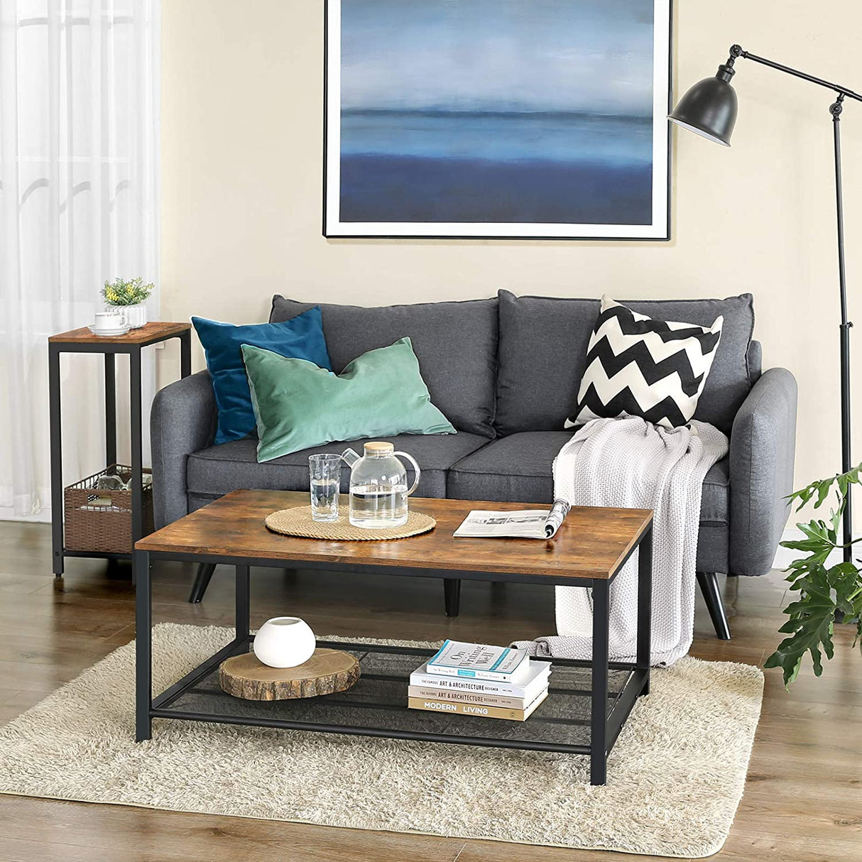 Narrow Rustic Brown Accent Table with Iron Mesh Shelf