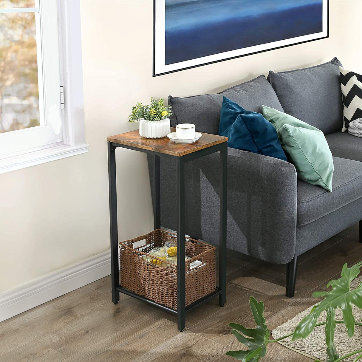 Narrow Rustic Brown Accent Table with Iron Mesh Shelf