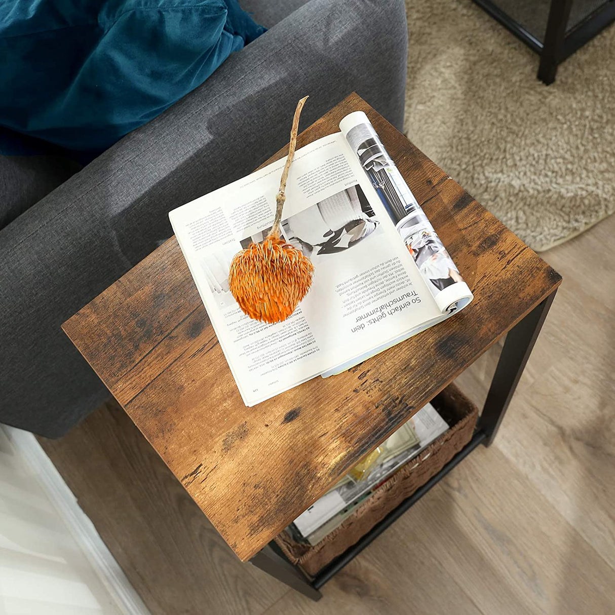 Narrow Rustic Brown Accent Table with Iron Mesh Shelf