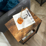 Narrow Rustic Brown Accent Table with Iron Mesh Shelf - 45-Degree Angle