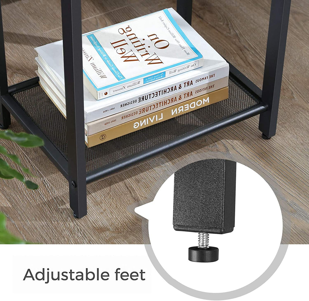 Narrow Rustic Brown Accent Table with Iron Mesh Shelf