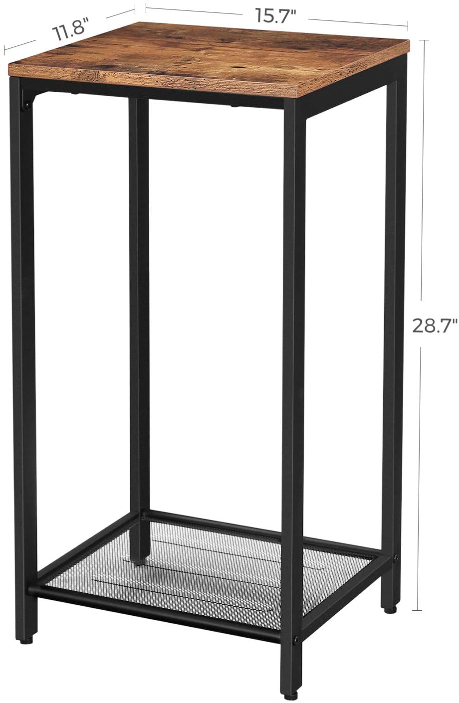 Narrow Rustic Brown Accent Table with Iron Mesh Shelf