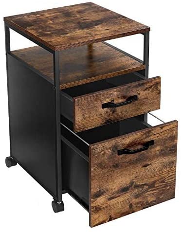Industrial-Style File Cabinet with Dual Drawers, Wheels, and Open Storage in Rustic Brown and Black