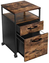 Industrial-Style File Cabinet with Dual Drawers, Wheels, and Open Storage in Rustic Brown and Black - Front View