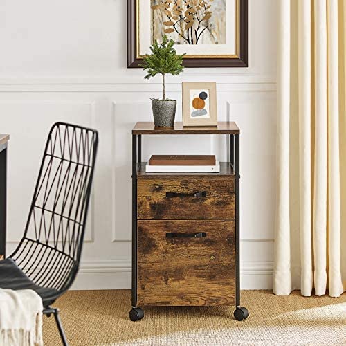 Industrial-Style File Cabinet with Dual Drawers, Wheels, and Open Storage in Rustic Brown and Black