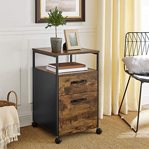 Industrial-Style File Cabinet with Dual Drawers, Wheels, and Open Storage in Rustic Brown and Black
