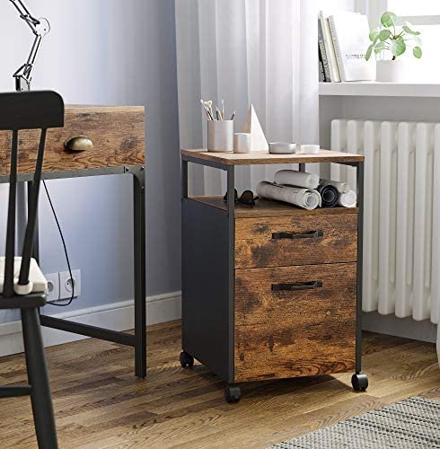 Industrial-Style File Cabinet with Dual Drawers, Wheels, and Open Storage in Rustic Brown and Black