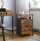 Industrial-Style File Cabinet with Dual Drawers, Wheels, and Open Storage in Rustic Brown and Black - 45-Degree Angle