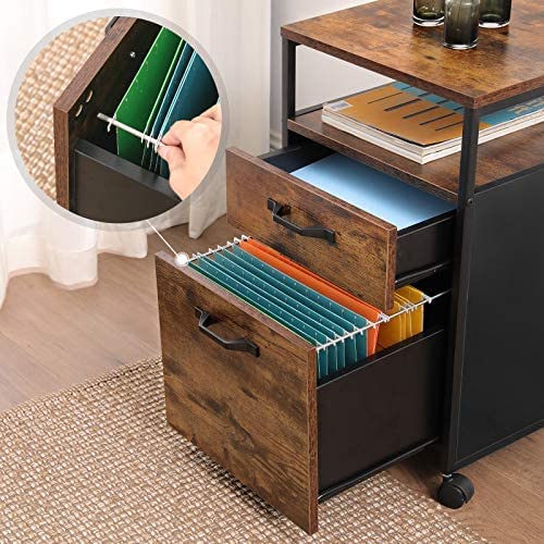 Industrial-Style File Cabinet with Dual Drawers, Wheels, and Open Storage in Rustic Brown and Black