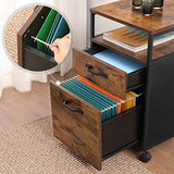 Industrial-Style File Cabinet with Dual Drawers, Wheels, and Open Storage in Rustic Brown and Black - Rear View