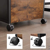 Industrial-Style File Cabinet with Dual Drawers, Wheels, and Open Storage in Rustic Brown and Black - Close-Up Angle
