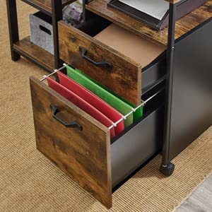 Industrial-Style File Cabinet with Dual Drawers, Wheels, and Open Storage in Rustic Brown and Black