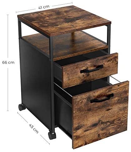 Industrial-Style File Cabinet with Dual Drawers, Wheels, and Open Storage in Rustic Brown and Black