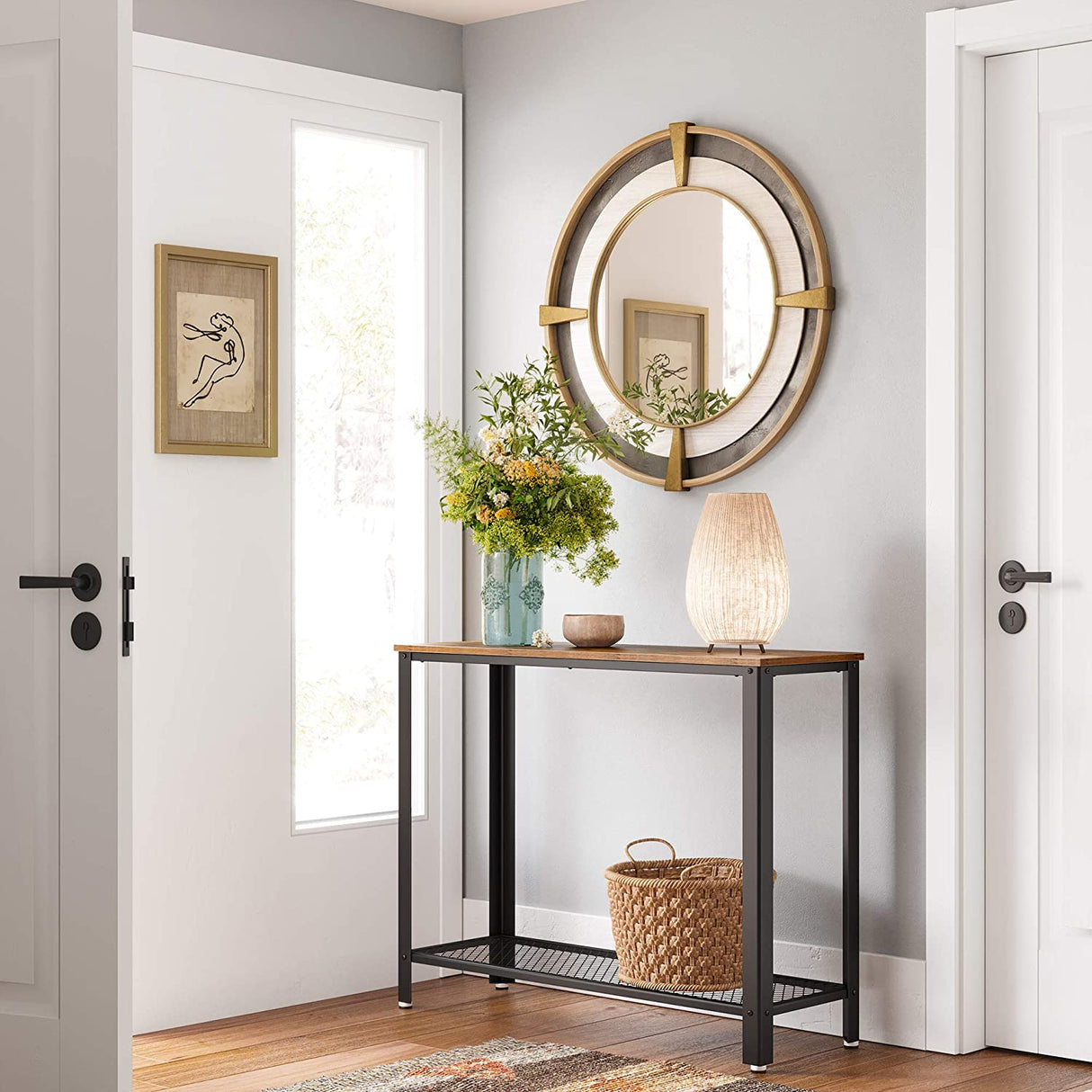 Rustic Brown Metal Frame Console Table with Industrial Charm