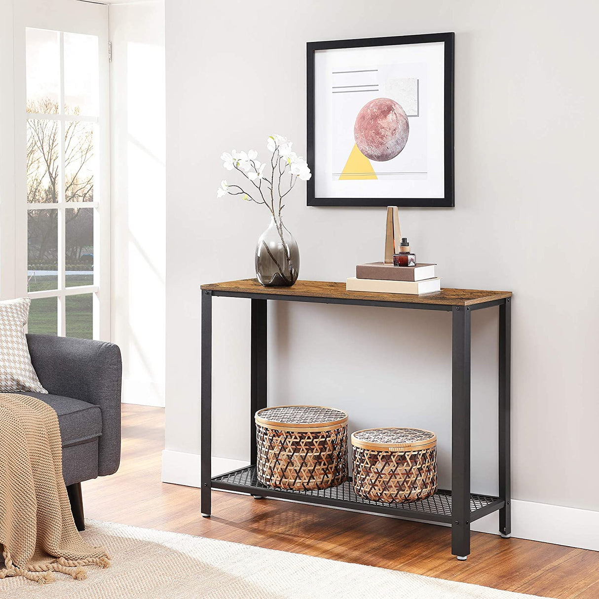 Rustic Brown Metal Frame Console Table with Industrial Charm