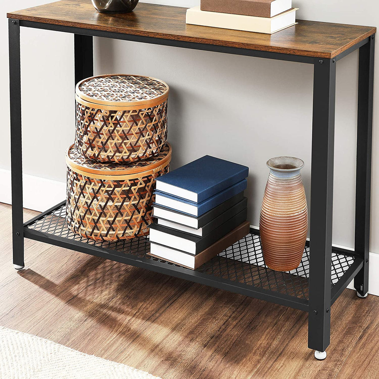 Rustic Brown Metal Frame Console Table with Industrial Charm