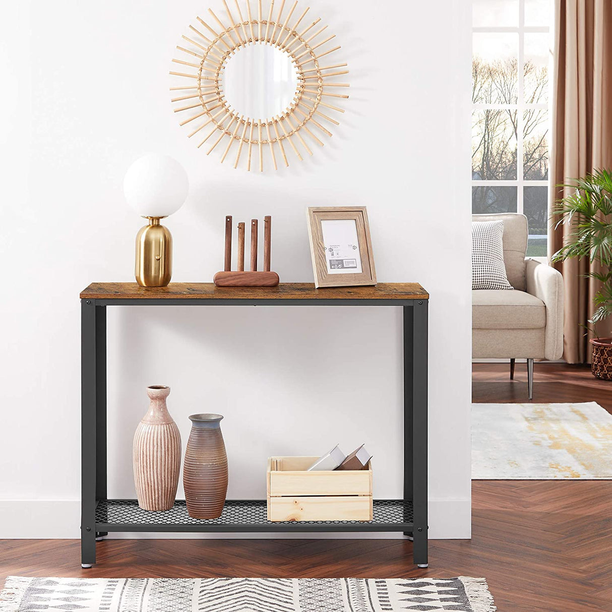 Rustic Brown Metal Frame Console Table with Industrial Charm
