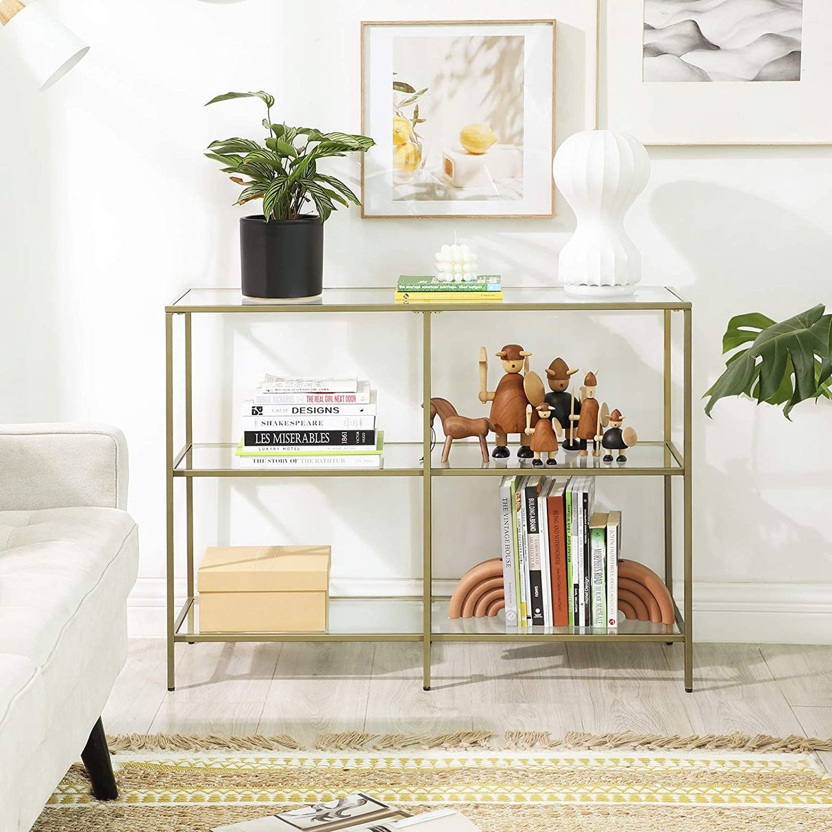 Modern 3-Tier Glass Console Table with Metal Frame and Versatile Storage