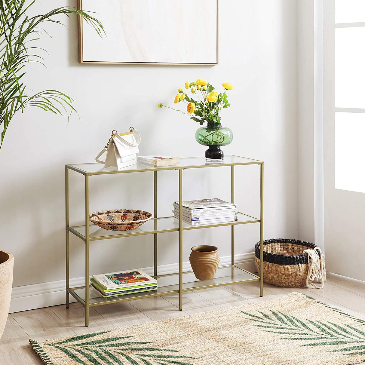 Modern 3-Tier Glass Console Table with Metal Frame and Versatile Storage