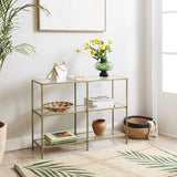 Modern 3-Tier Glass Console Table with Metal Frame and Versatile Storage - Side View