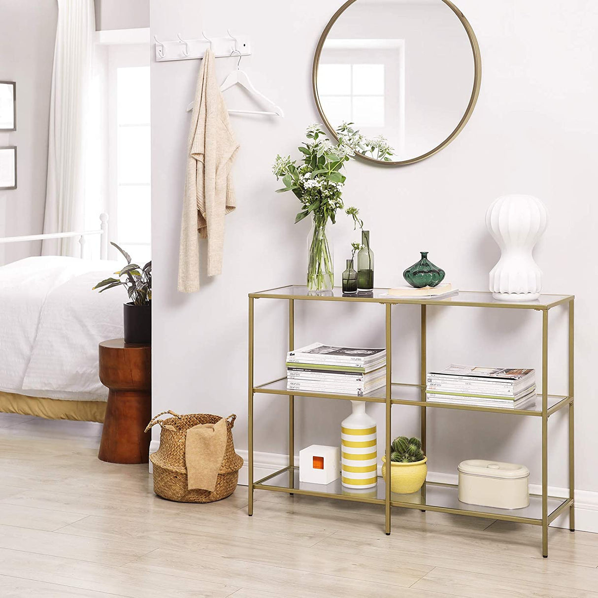 Modern 3-Tier Glass Console Table with Metal Frame and Versatile Storage