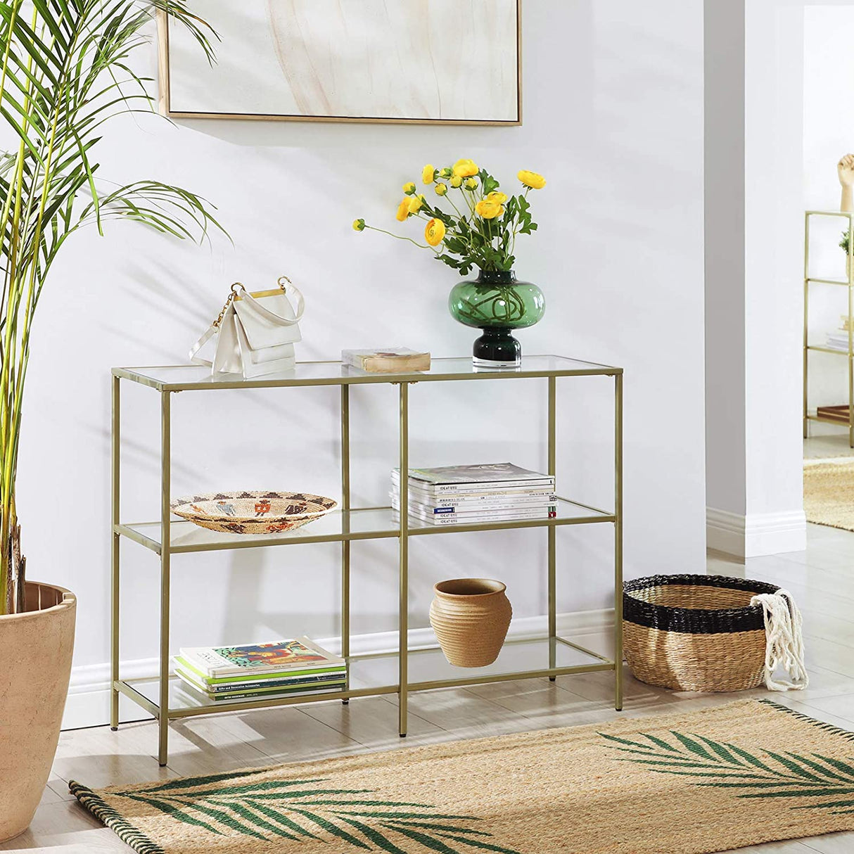 Modern 3-Tier Glass Console Table with Metal Frame and Versatile Storage