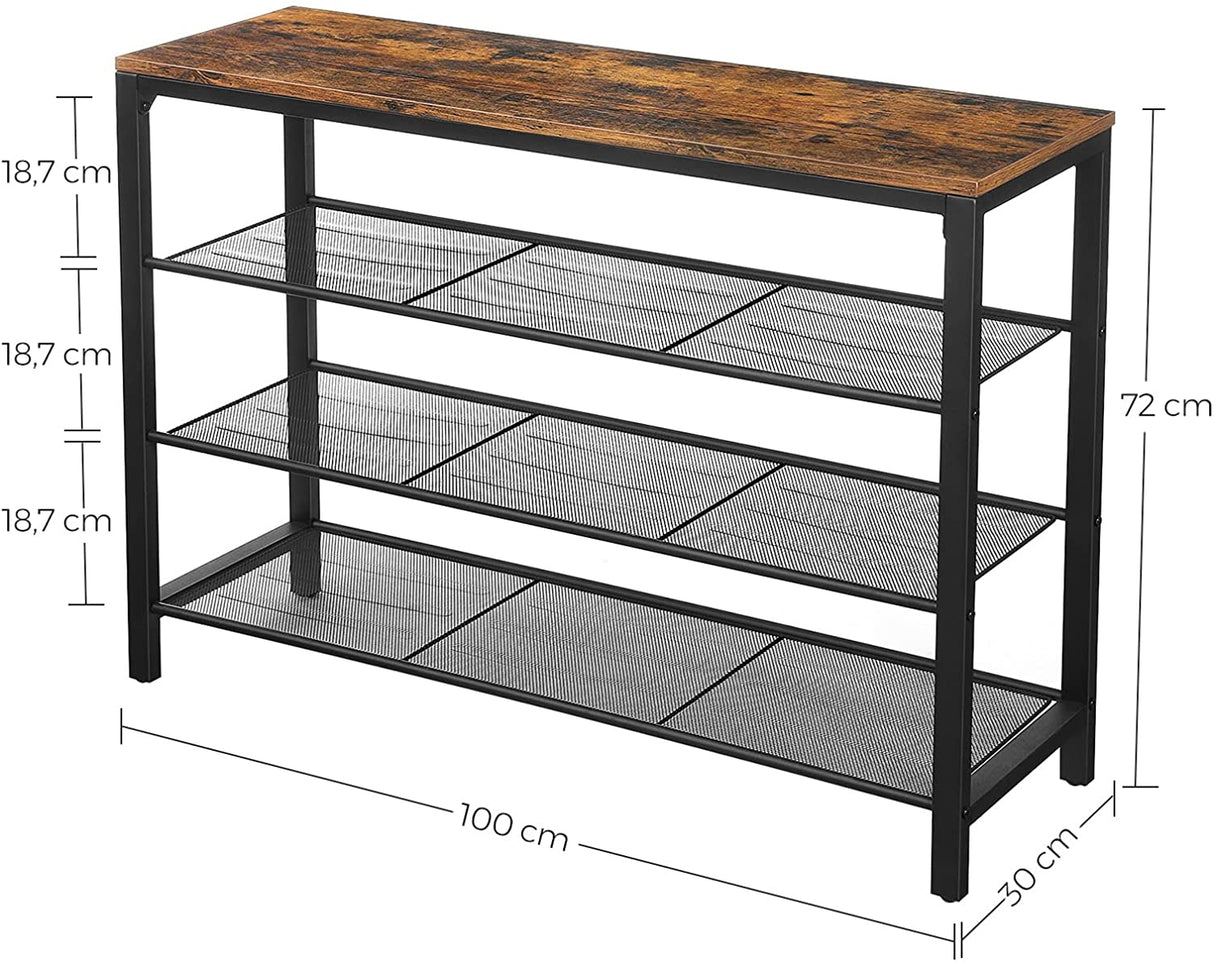 Rustic Brown and Black 3-Tier Mesh Shoe Organizer Rack