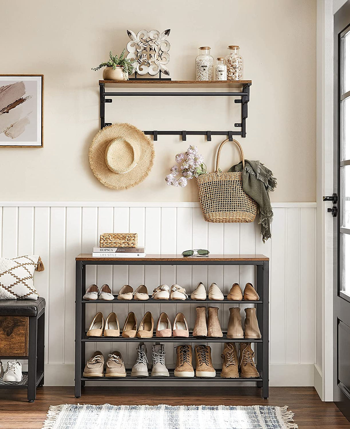 Rustic Brown and Black 3-Tier Mesh Shoe Organizer Rack