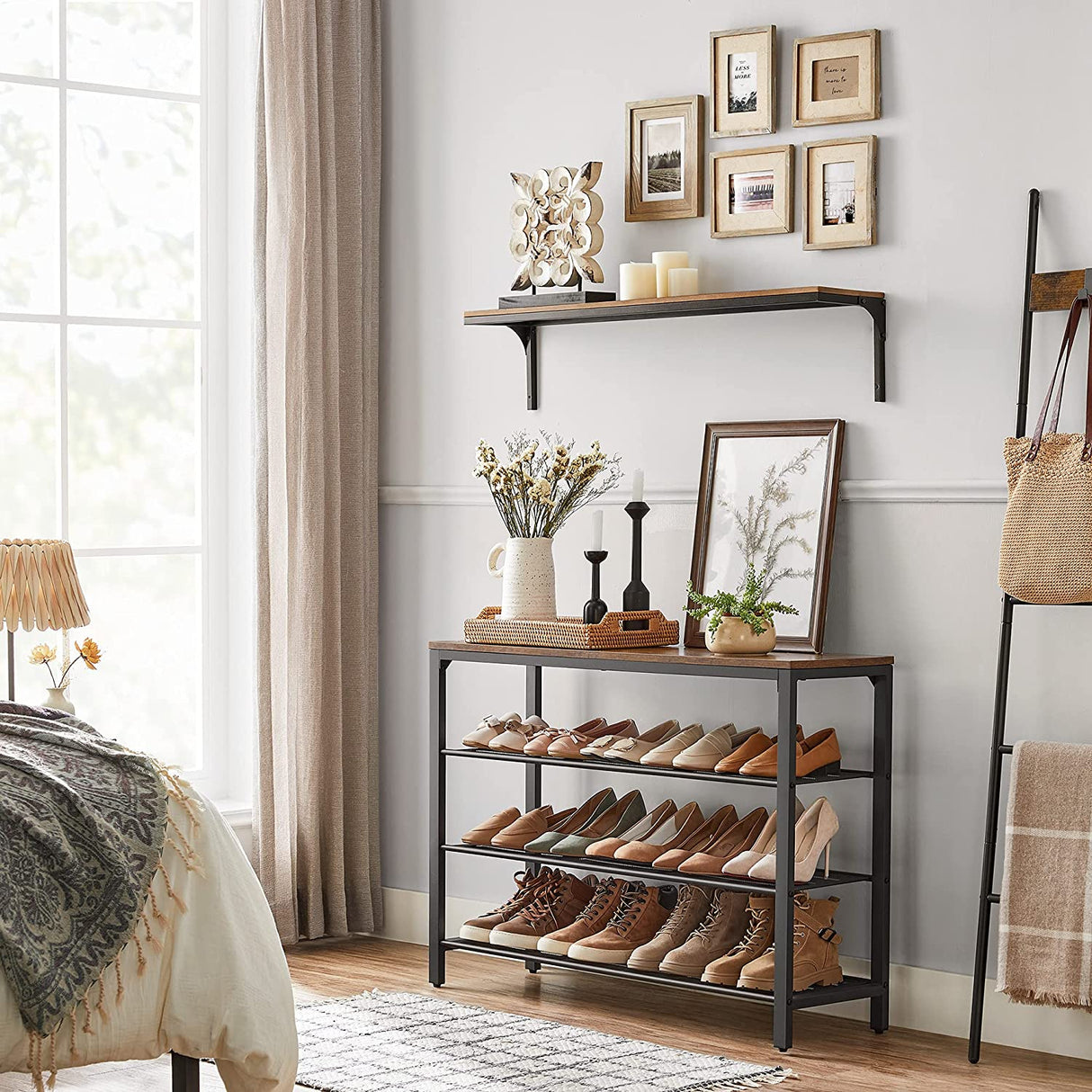 Rustic Brown and Black 3-Tier Mesh Shoe Organizer Rack