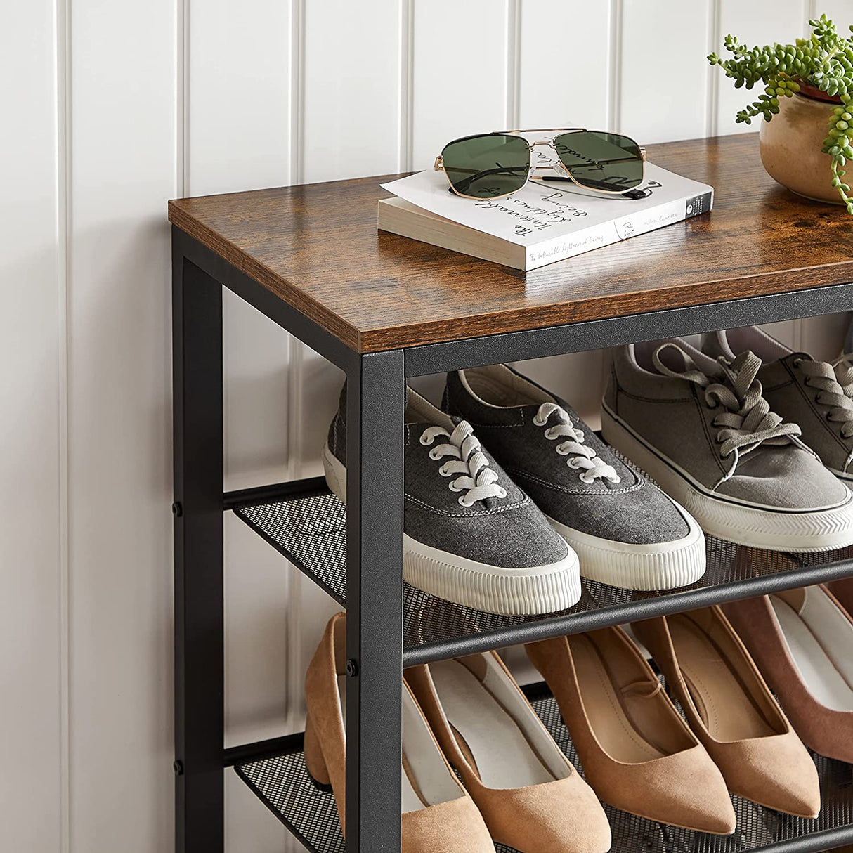 Rustic Brown and Black 3-Tier Mesh Shoe Organizer Rack