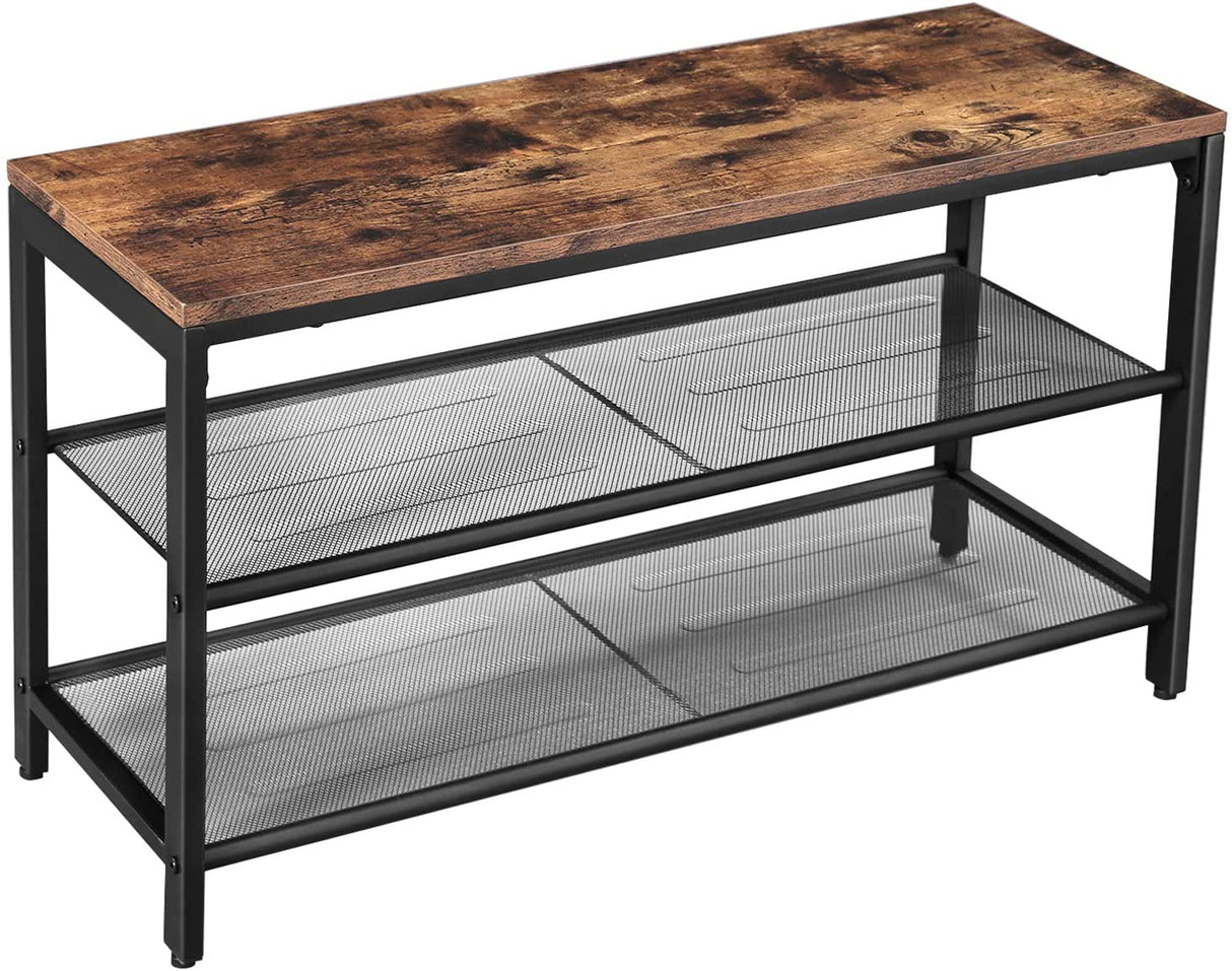 Vintage Industrial Shoe Bench with Dual Mesh Shelves in Rustic Brown and Black