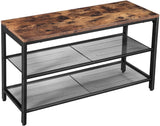 Vintage Industrial Shoe Bench with Dual Mesh Shelves in Rustic Brown and Black - Front View
