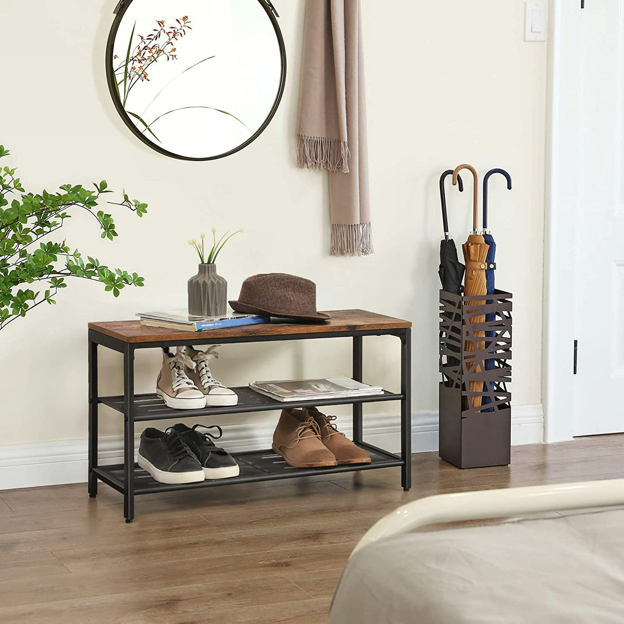 Vintage Industrial Shoe Bench with Dual Mesh Shelves in Rustic Brown and Black