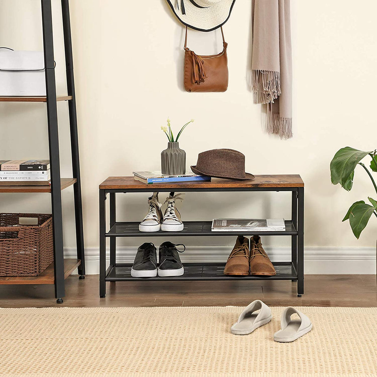 Vintage Industrial Shoe Bench with Dual Mesh Shelves in Rustic Brown and Black