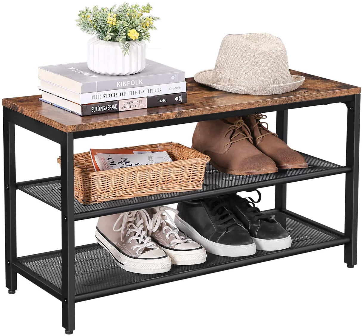 Vintage Industrial Shoe Bench with Dual Mesh Shelves in Rustic Brown and Black