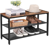 Vintage Industrial Shoe Bench with Dual Mesh Shelves in Rustic Brown and Black
