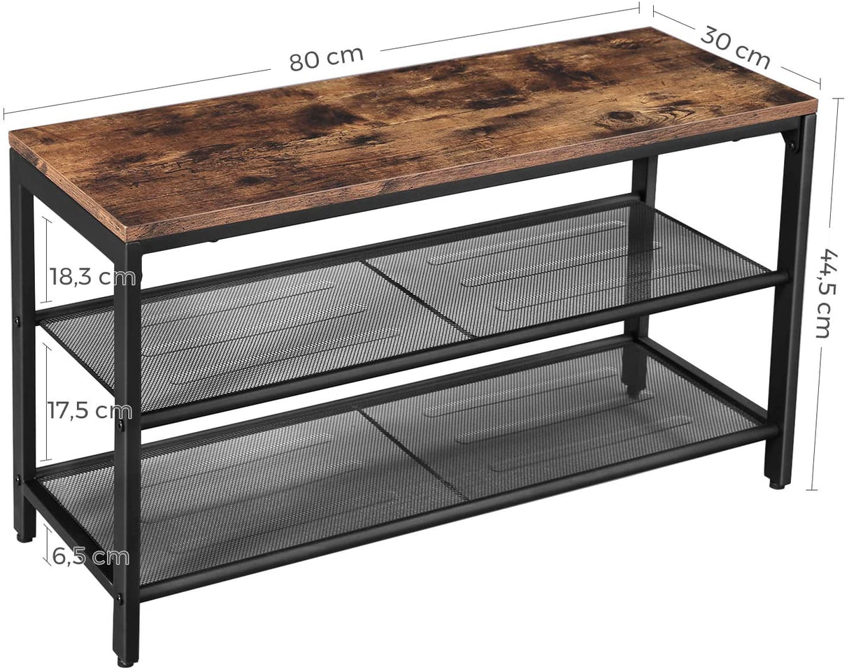 Vintage Industrial Shoe Bench with Dual Mesh Shelves in Rustic Brown and Black