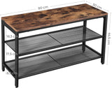 Vintage Industrial Shoe Bench with Dual Mesh Shelves in Rustic Brown and Black - 45-Degree Angle