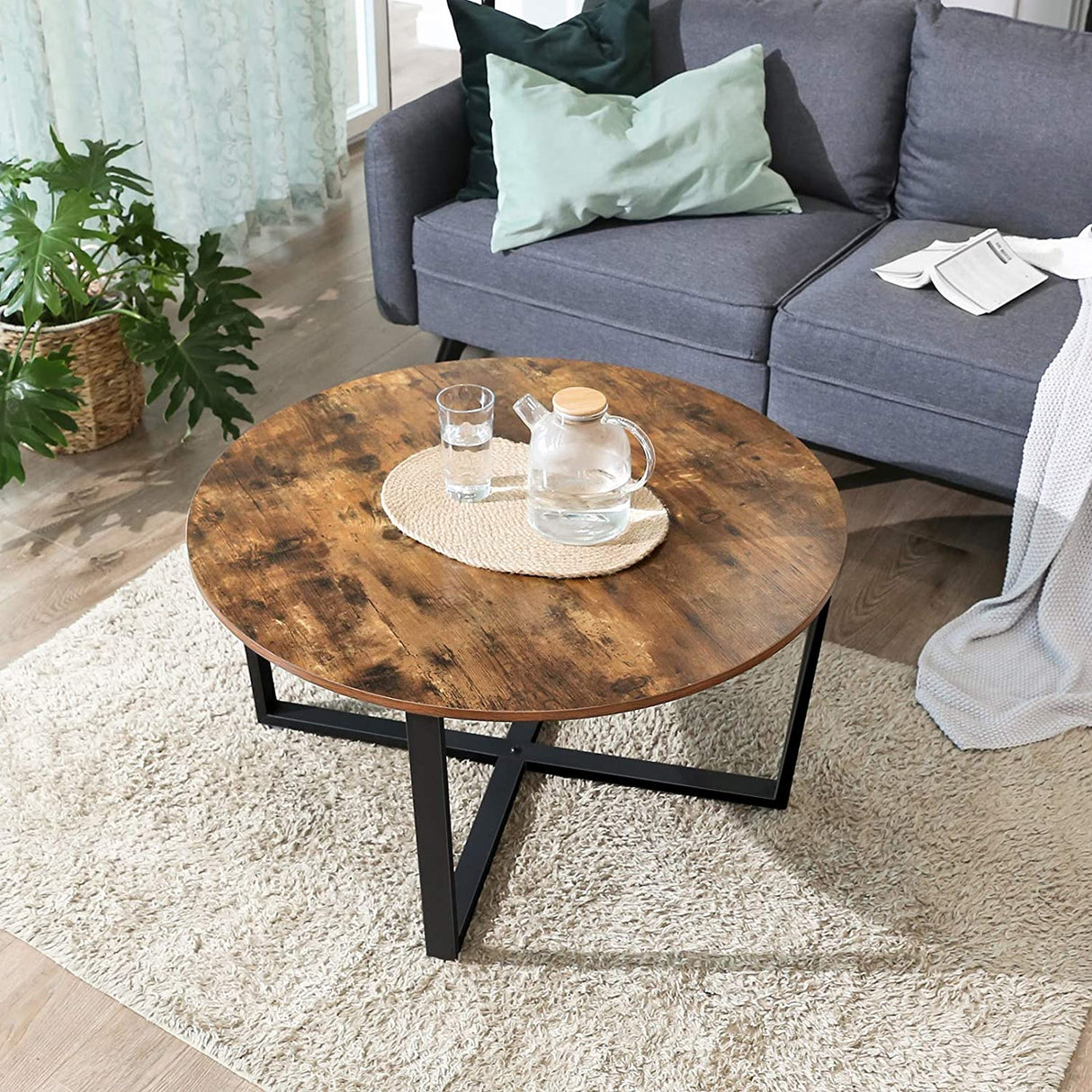 Rustic Round Coffee Table with Matte Black Steel Legs