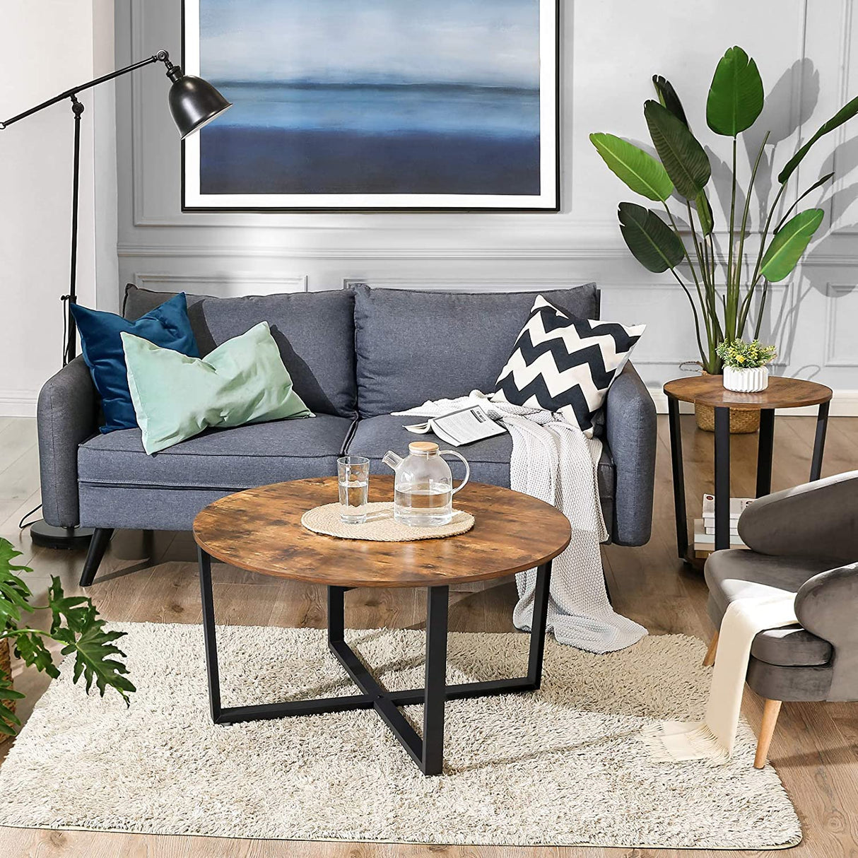 Rustic Round Coffee Table with Matte Black Steel Legs